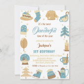 居心地の良い冬のクリスマスの休日1st誕生日パーティー 招待状 (正面)