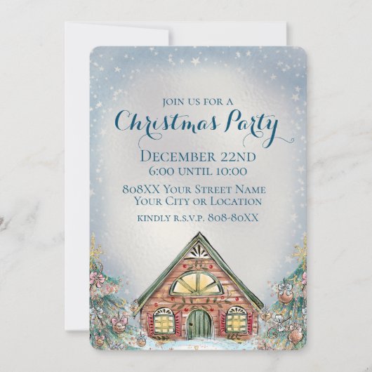 居心地の良い冬のコテージとクリスマスツリー 招待状 (正面)