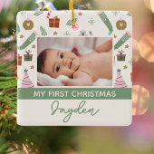 居心地の良い冬のピンクグリーン初めてのクリスマス写真 セラミックオーナメント