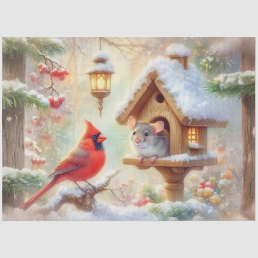 居心地の良い冬のマウス(鳥)ショウジョウコウカンチョウ冬の森のデコページ 薄葉紙 (正面)