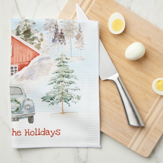 居心地の良い冬の家とヴィンテージカークリスマス キッチンタオル (四つ折り)