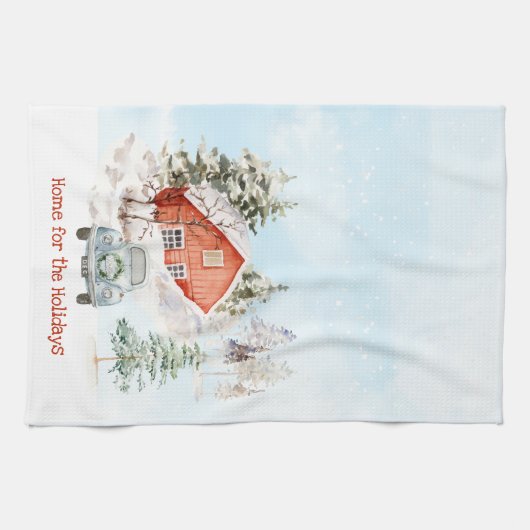 居心地の良い冬の家とヴィンテージカークリスマス キッチンタオル (横)