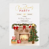 居心地の良い冬の煙突クリスマスツリーイラストレーション 箔招待状 (正面)