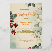 居心地の良い冬の雪の緑のクリスマスパーティー 箔招待状 (正面)