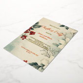 居心地の良い冬の雪の緑のクリスマスパーティー 箔招待状 (回転した状態)