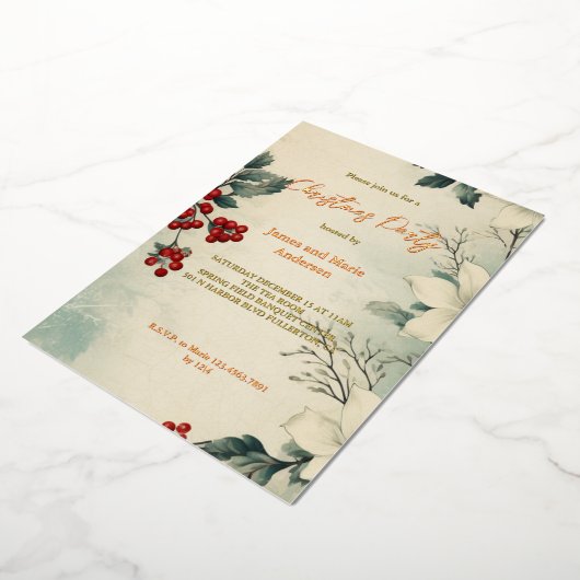 居心地の良い冬の雪の緑のクリスマスパーティー 箔招待状 (回転した状態)