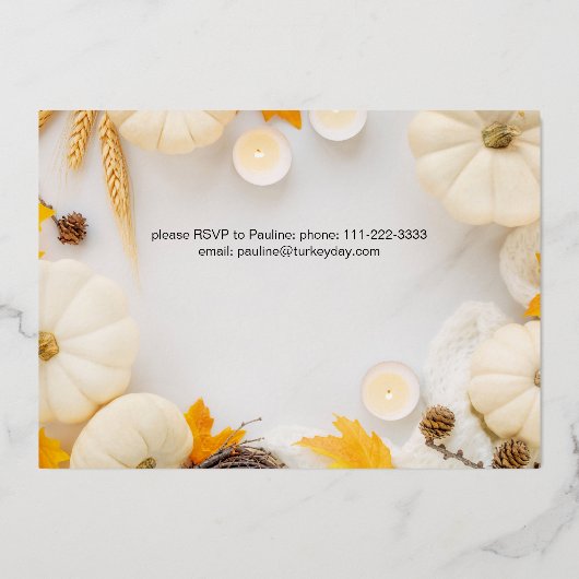 居心地の良い友情と感謝祭かぼちゃのディナー 箔招待状 (裏面)