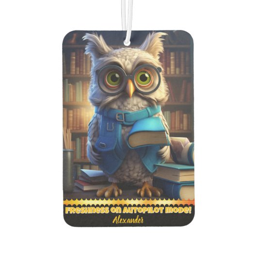 居心地の良い図書館で本に囲まれた賢いフクロウ カーエアーフレッシュナー (裏面)