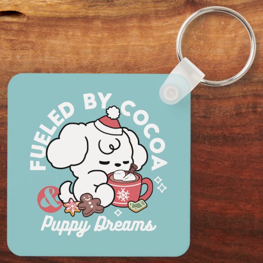 居心地の良い子犬の夢 – ホットチョコレートとクリスマス キーホルダー (裏面)