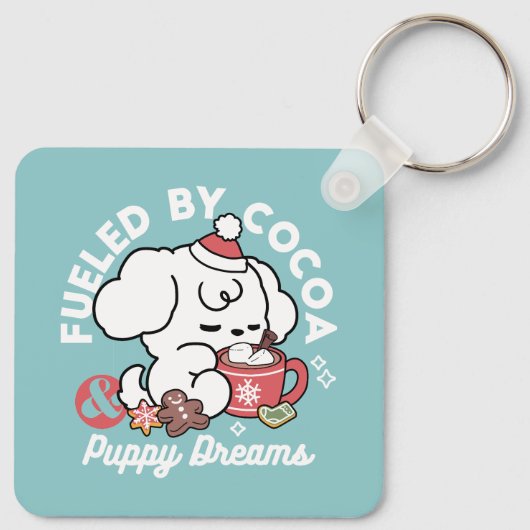 居心地の良い子犬の夢 – ホットチョコレートとクリスマス キーホルダー (裏面)