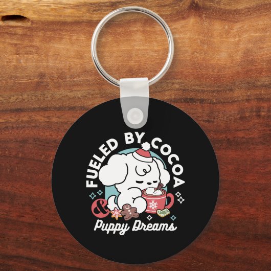 居心地の良い子犬の夢 – ホットチョコレートとクリスマス キーホルダー (正面)