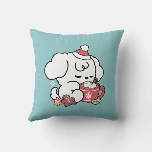 居心地の良い子犬の夢 – ホットチョコレートとクリスマス クッション (裏面)