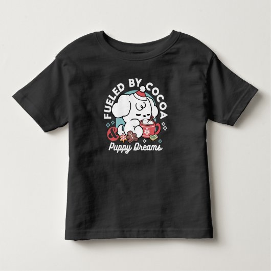 居心地の良い子犬の夢 – ホットチョコレートとクリスマス トドラーTシャツ (正面)