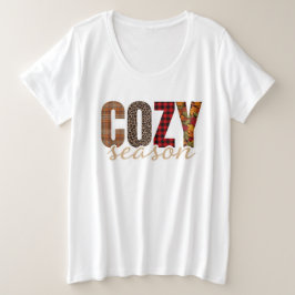 居心地の良い季節のチェック柄ヒョウ柄 秋の気配 プラスサイズTシャツ