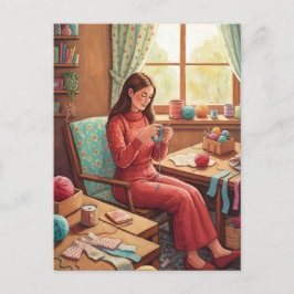 居心地の良い手芸部屋で編み物をする女性 ポストカード