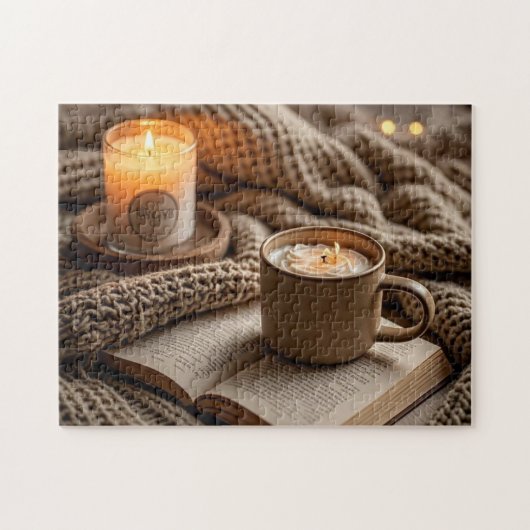 居心地の良い暖かい夕べのキャンドルと毛布 ジグソーパズル (横)