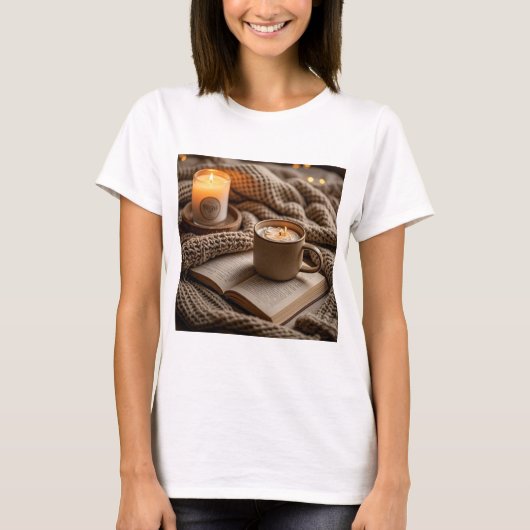 居心地の良い暖かい夕べのキャンドルと毛布 Tシャツ (正面)