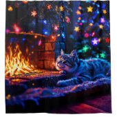 居心地の良い暖炉かわいい猫メリークリスマス シャワーカーテン (正面)