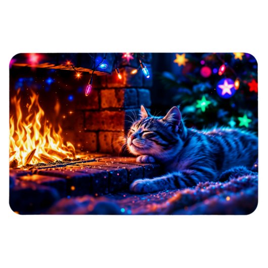 居心地の良い暖炉かわいい猫メリークリスマス マグネット (横)