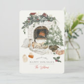 居心地の良い暖炉クリスマスツリーキツネ水彩写真 シーズンカード (スタンド正面)