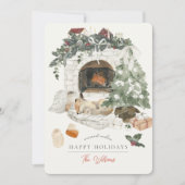 居心地の良い暖炉クリスマスツリーキツネ水彩 シーズンカード (正面)