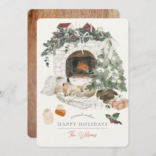 居心地の良い暖炉クリスマスツリーキツネ水彩 シーズンカード (正面/裏面)