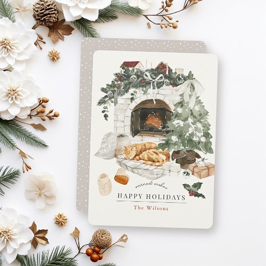 居心地の良い暖炉クリスマスツリーキャットウォーター色 シーズンカード