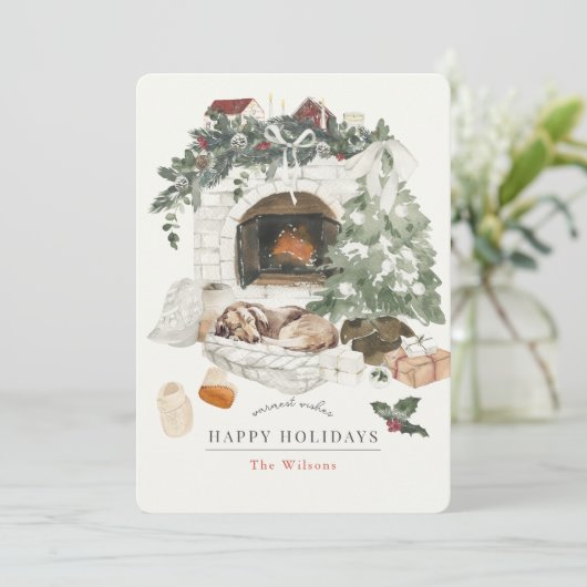 居心地の良い暖炉クリスマスツリー犬の水色 シーズンカード (スタンド正面)