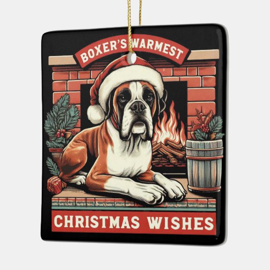 居心地の良い暖炉シーンヴィンテージボクサードッグクリスマス セラミックオーナメント (左)