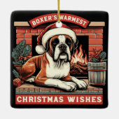 居心地の良い暖炉シーンヴィンテージボクサードッグクリスマス セラミックオーナメント (裏面)