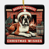 居心地の良い暖炉シーンヴィンテージボクサードッグクリスマス セラミックオーナメント (正面)