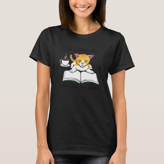居心地の良い本読のコーヒーと猫 Tシャツ (正面)