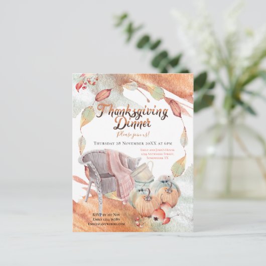 居心地の良い水の色かぼちゃの椅子の葉の感謝祭 ポストカード (スタンド正面)