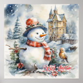 居心地の良い水色クリスマスウィンターシーン雪だるま ポスター (正面)