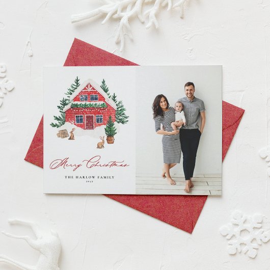 居心地の良い水色レッドクリスマスコテージ写真 シーズンカード