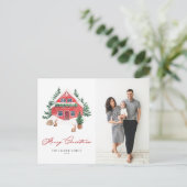 居心地の良い水色レッドクリスマスコテージ写真 シーズンポストカード (スタンド正面)