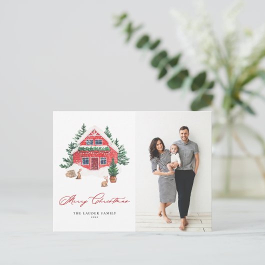 居心地の良い水色レッドクリスマスコテージ写真 シーズンポストカード (スタンド正面)