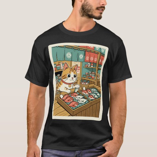 居心地の良い海辺で新鮮な魚を見つめる幸運の市場猫 Tシャツ (正面)