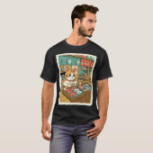 居心地の良い海辺で新鮮な魚を見つめる幸運の市場猫 Tシャツ (正面フル)