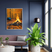 居心地の良い火とログキャビンユニークフォレストシーン ポスター