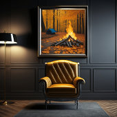 居心地の良い火とログキャビンユニークフォレストシーン ポスター