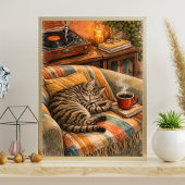 居心地の良い猫とコーヒーのビニールシーン、眠るタビー ポスター