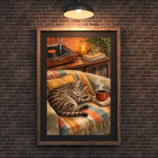 居心地の良い猫とコーヒーのビニールシーン、眠るタビー ポスター