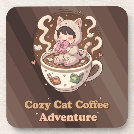 居心地の良い猫のコーヒー冒険アート コースター (正面)