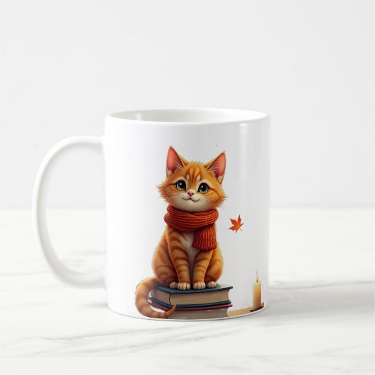 居心地の良い猫の読書コーナー 秋の水彩イラスト コーヒーマグカップ (左)