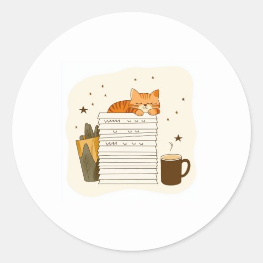 居心地の良い猫の読書ステッカー ラウンドシール (正面)