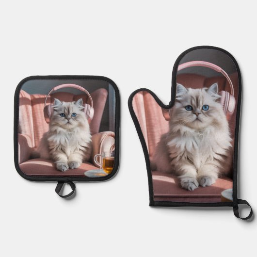 居心地の良い猫の雰囲気 – キュートなペルシャ聞猫のMus 鍋つかみ&鍋敷きセット (正面)