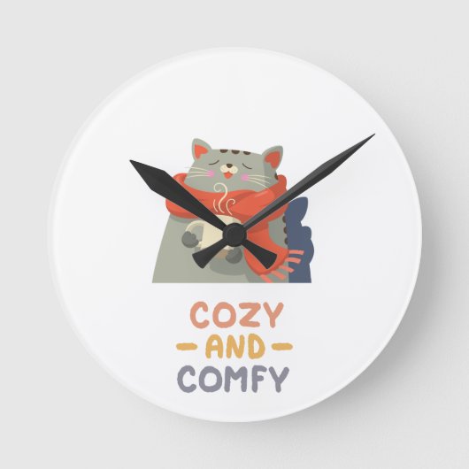 居心地の良い猫オレンジ色のスカーフ冬の暖かいかわいい ラウンド壁時計 (正面)