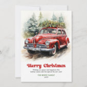 居心地の良い田舎風クリスマスの赤い車の水彩シーン シーズンカード (正面)