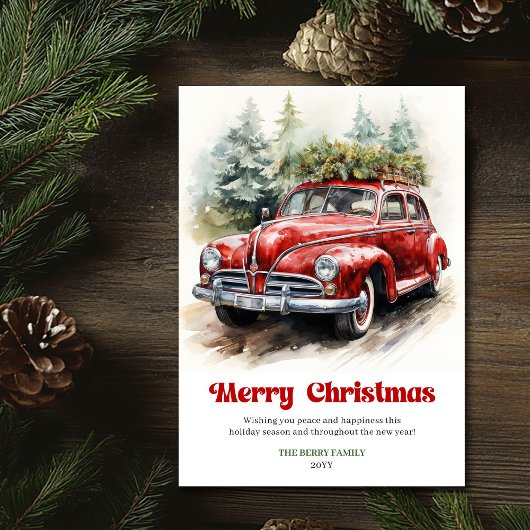 居心地の良い田舎風クリスマスの赤い車の水彩シーン シーズンカード